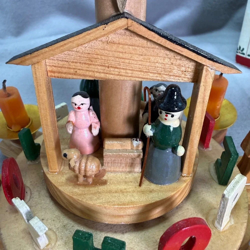 Holly Tree Nativity Carousel Single Tier Candle Tower Vintage Christmas Decor